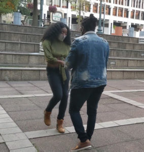 Couple dancing a push-pull basic at downtown memphis couples class