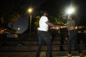 night shot of couple dancing at downtown memphis couples class