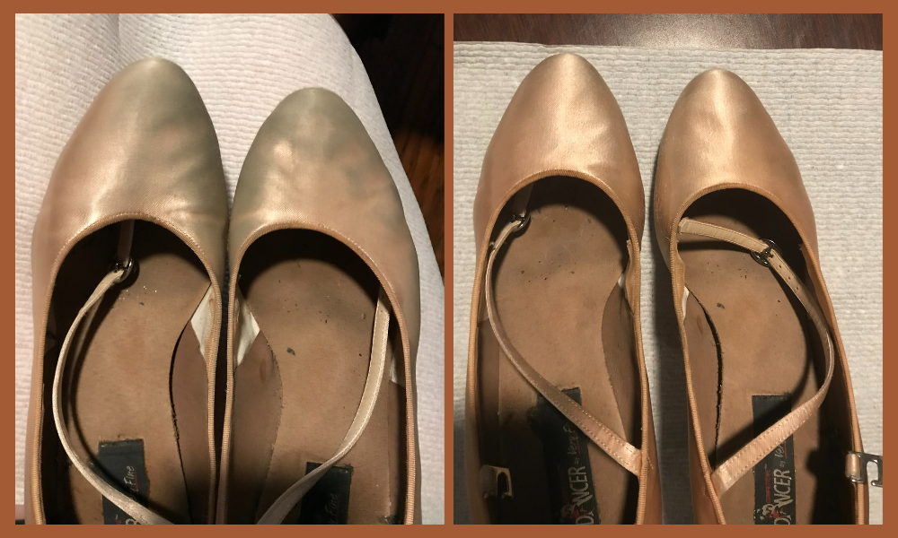 Satin dance shoes before and after cleaning.